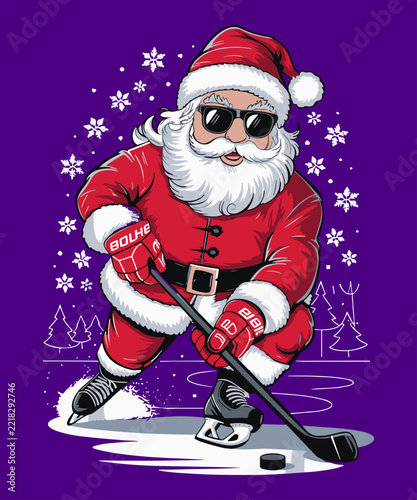 Canvas Print Cool Sunglasses Wearing Santa Claus Playing Intense Ice Hockey For Fun Winter Ho