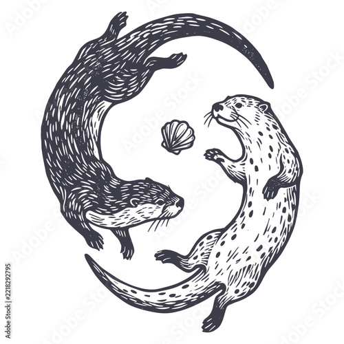 Two otters playing with a seashell in yin yang style circle illustration