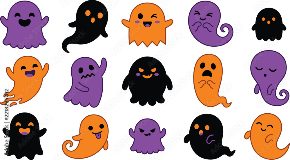Obraz premium A collection of cute pixel art ghosts featuring a festive halloween color vector theme for fun holiday graphic design projects