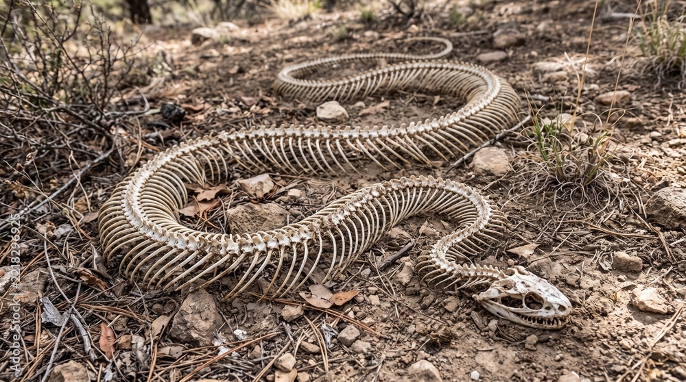 Obraz premium Complete Snake Skeleton Remains Resting on Wet Muddy Ground in Forest High Angle View