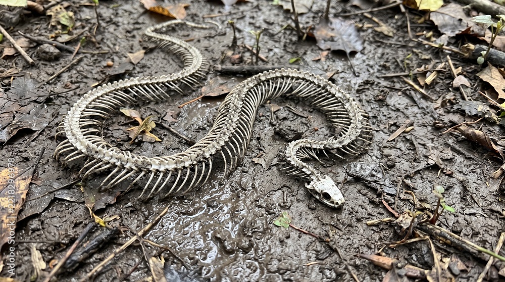 Fototapeta premium Intricate Snake Skeleton with Curved Spine and Ribs on Muddy Ground Covered with Fallen Leaves