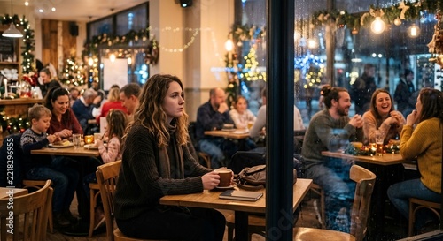 Lonely young woman sitting alone in bustling christmas cafe