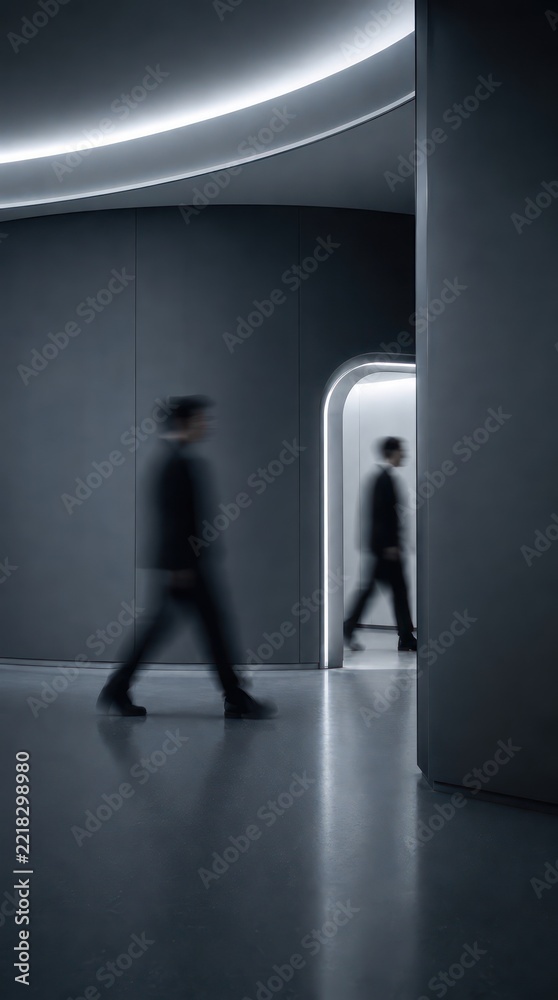 Fototapeta premium Moody minimalist mobile wallpaper with blurred men in futuristic gray corridor