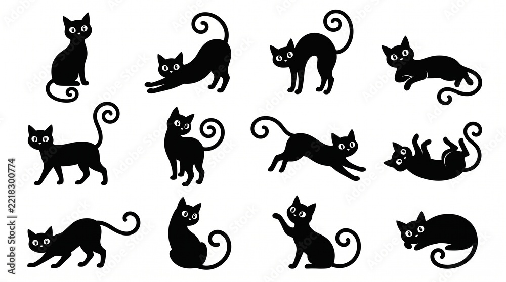 Obraz premium A collection of twelve black cat silhouettes in various playful poses isolated on a white background with movements resting positions