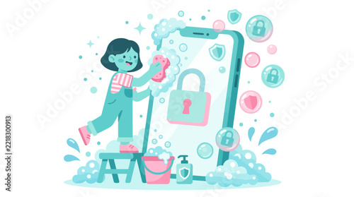 Smartphone security concept showing a young girl scrubbing a mobile device to represent data protection and malware removal.