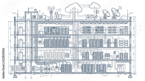 Architectural schematic blueprint of a complex multi level data center facility showing server racks infrastructure and network connectivity.