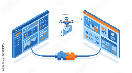Data synchronization concept featuring a small drone carrying a message between two interconnected web interfaces.