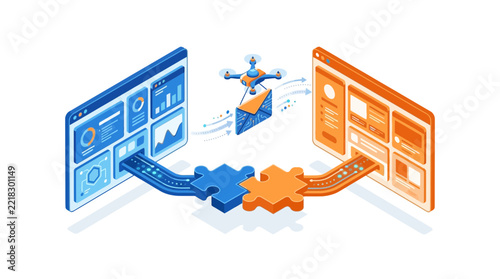 Isometric illustration of a drone delivering data packets between dashboards connected with puzzle pieces.