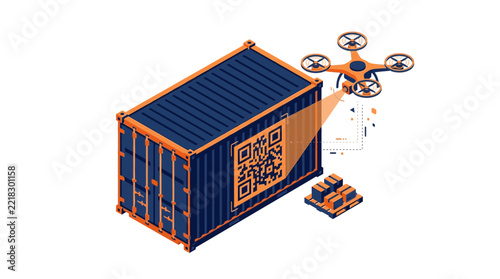 Cargo inspection performed by a quadcopter scanning a QR code on a large shipping container to streamline warehouse operations.