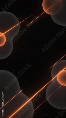 abstract digital art piece black background features group orange circles lines appear floating air circles different sizes shapes arranged way creates sense depth dimension orange lines curved