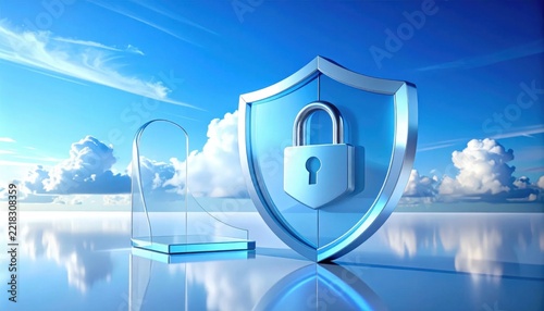 Enterprise cyber defense and data privacy concept with transparent glass cybersecurity shield and padlock, idea for network security, cloud protection against bright blue sky background