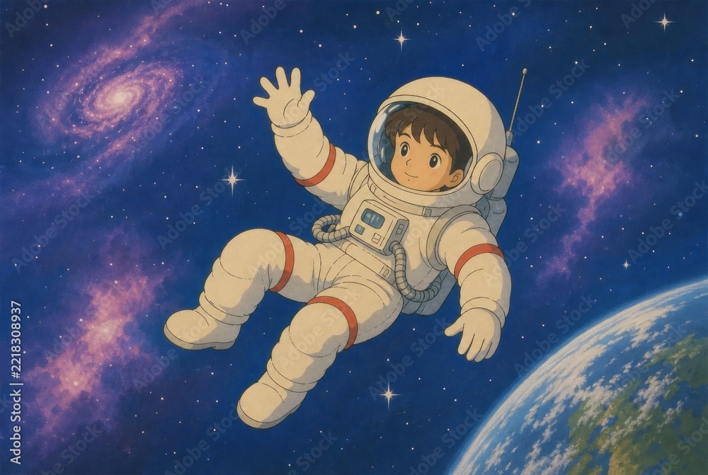 Fototapeta premium Child astronaut floating in colorful space illustration.