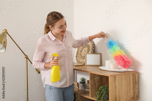 House cleaning and home maintenance, woman dusting furniture with a colorful ...