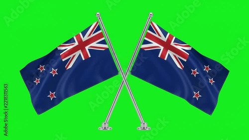 Two waving New Zealand flags crossed on a green screen chroma key background animation loop   