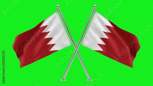 Two waving Bahrain flags crossed on a green screen chroma key background animation loop