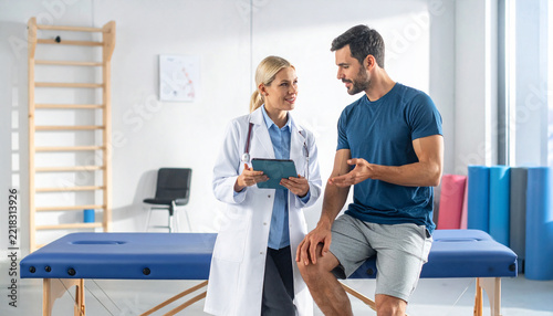 A friendly female doctor consults with a male athlete in a bright rehabilitation clinic. The supportive atmosphere evokes healing, professional care, and a positive path toward recovery.