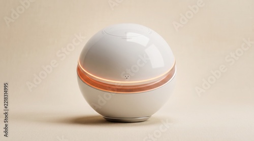Sleek White Spherical Smart Home Device with Glowing Orange Light Band.
