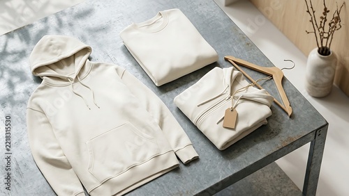 Blank Beige Hoodie Sweatshirt and Zip-Up Hooded Jacket Set on Industrial Metal Table with Wooden Hanger and Price Tag Mockup for Apparel Brand Design Showcase and Streetwear Fashion Display
