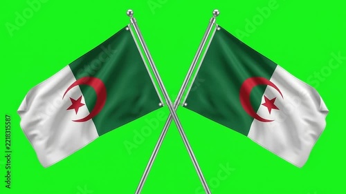 Two waving Algeria flags crossed on a green screen chroma key background animation loop