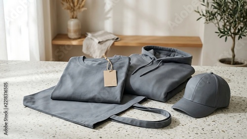 Mockup of Blank Grey Apparel Set Featuring Folded Sweatshirt Hoodie T-shirt Tote Bag and Baseball Cap on a Terrazzo Table in a Minimalist Bright Lifestyle Interior with Empty Tag for Brand Identity
