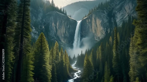 Majestic yosemite falls flowing down granite cliffs in the forest