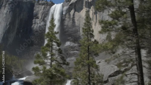 Yosemite falls flowing down the steep granite mountain face