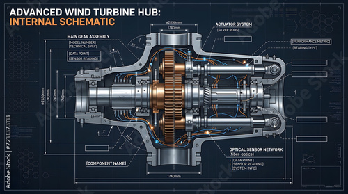Advanced wind turbine hub internal schematic blueprint, mechanical engineering design blueprint, renewable energy technical diagram isolated on White Background