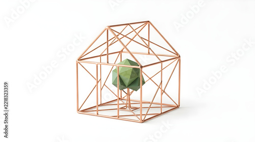 Copper wireframe house sculpture with green geometric tree, modern architectural real estate concept, sustainable eco friendly home design model isolated on White Background