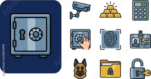 Vault with keyhole security icon set with camera, gold, guard dog and badge, vector icon set isolated on white