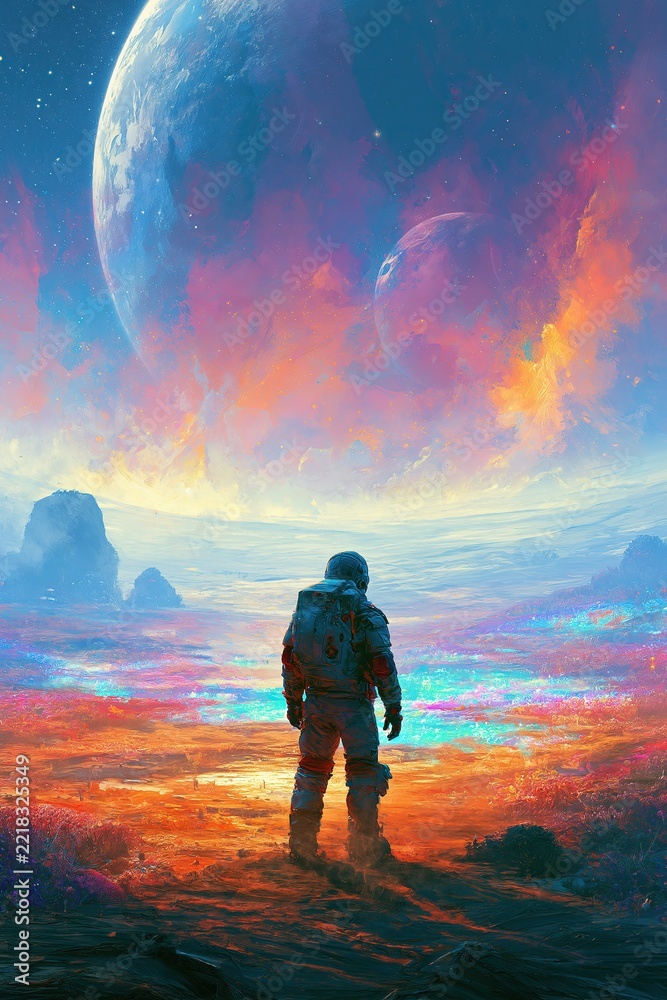 Fototapeta premium Lone astronaut standing on vivid alien planet beneath twin moons and glowing nebula sky with colorful landscape, dramatic horizon, futuristic exploration mood.