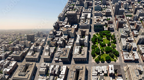 An aerial view of a bustling city with a large park in the center surrounded by skyscrapers and buildings under a clear blue sky