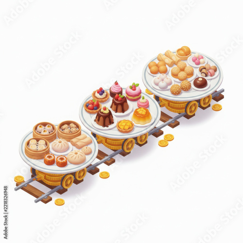 Payday food cart with steamed bun and pastry assortment on miniature railway, colorful sweet and savory snack display creating playful celebration of abundance and culinary variety