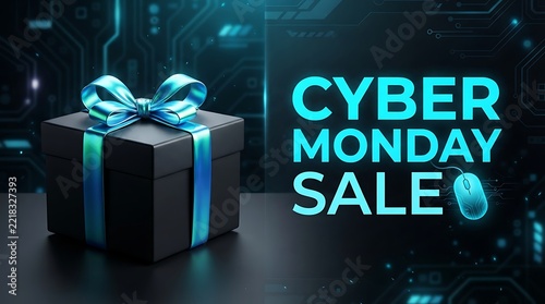 Black gift box with blue ribbon for cyber monday sale event