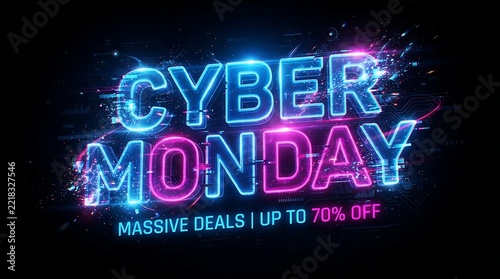 Cyber monday neon sign design with big sale discount text