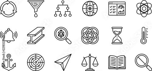 Systems and research outline icons set showing cycles and measurement