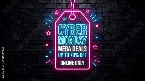 Cyber monday neon sale tag with mega deals and seventy percent discount