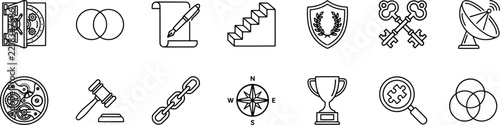 Management and law outline icons set featuring security and growth