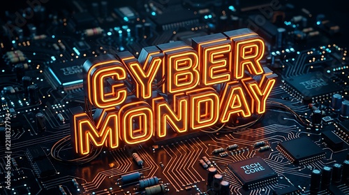 Cyber monday glowing neon text on a computer circuit board background