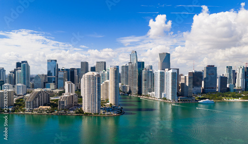 Aerial Miami Brickell downtown. Miami waterfront panorama with Brickell skyline.