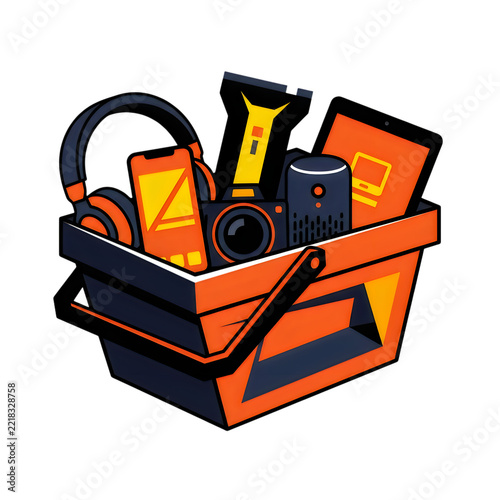 Orange toolbox with vintage tools and wooden handle