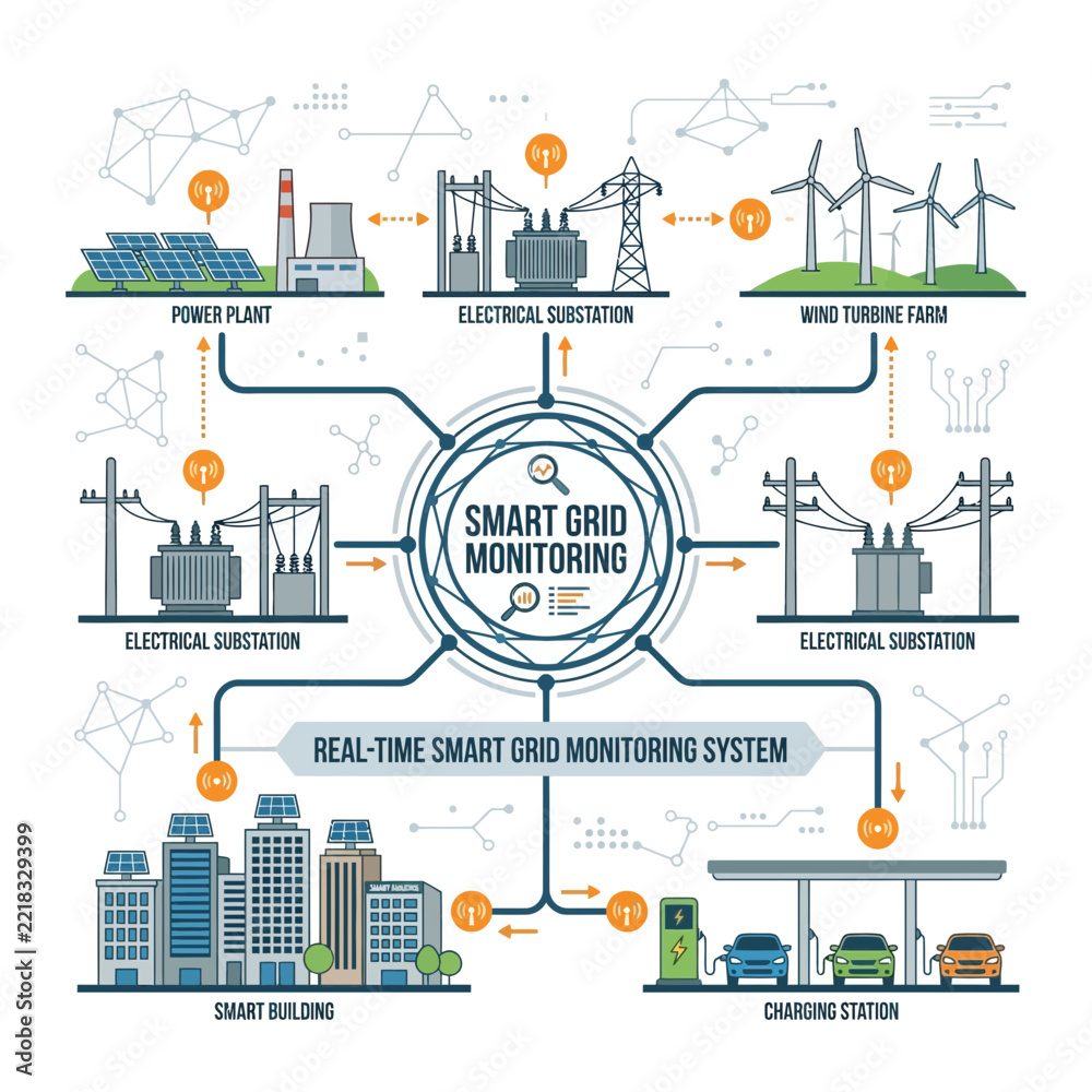 Fototapeta premium Real-time smart grid monitoring system infographic with renewable energy and smart city integration