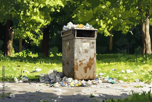 Overflowing Trash Can in a Green Public Park