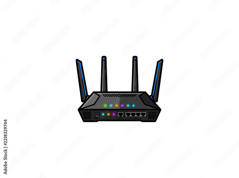 Fototapeta premium Black Wireless Router With Four Antennas, Illuminated Indicator Lights, And Ethernet Ports For Home Or Office Internet Connectivity And Network Communication Vector Illustration