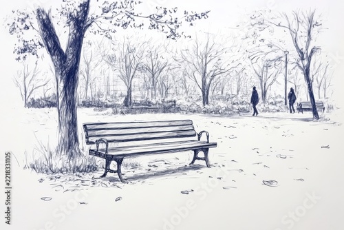 Hand Drawn Park Bench Sketch with Figure Walking in Background