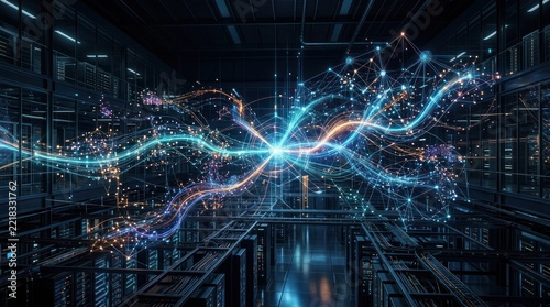 Glowing energy paths flowing through a high-tech data center.