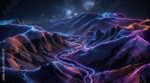Abstract topographical landscape with neon blue and purple lines.