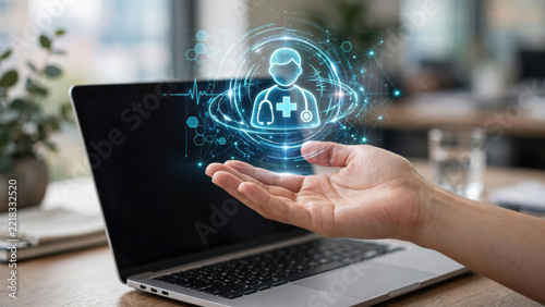 Telemedicine virtual doctor hand laptop healthcare online medical hologram digital consultation doctor patient technology internet screen device communication remote clinic hospital medicine care
