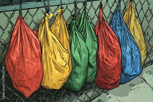 Colorful Plastic Bags Hanging on Urban Fence