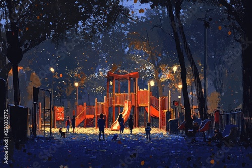 Children Playing on a Vibrant Playground in the Evening Park