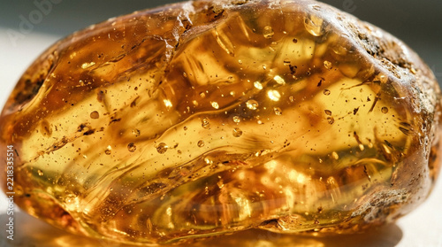 Natural Baltic honey amber fossil resin texture with sun spangle disk inclusions and warm glow